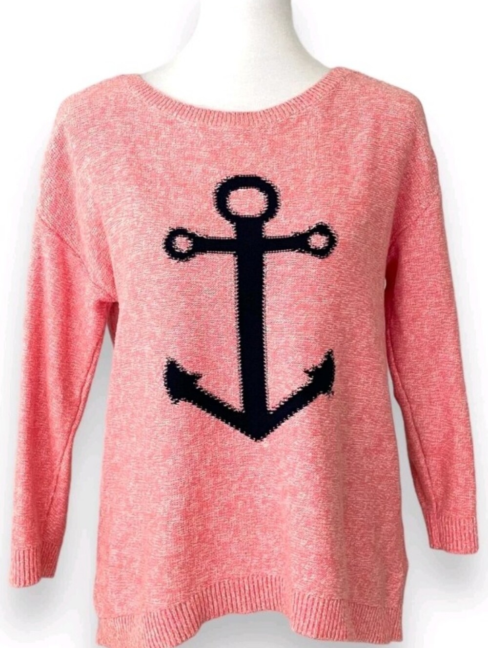 Tommy Hilfiger Women’s Coral Anchor Knit Summer Sweater Cotton L PEACH NAVY Cute